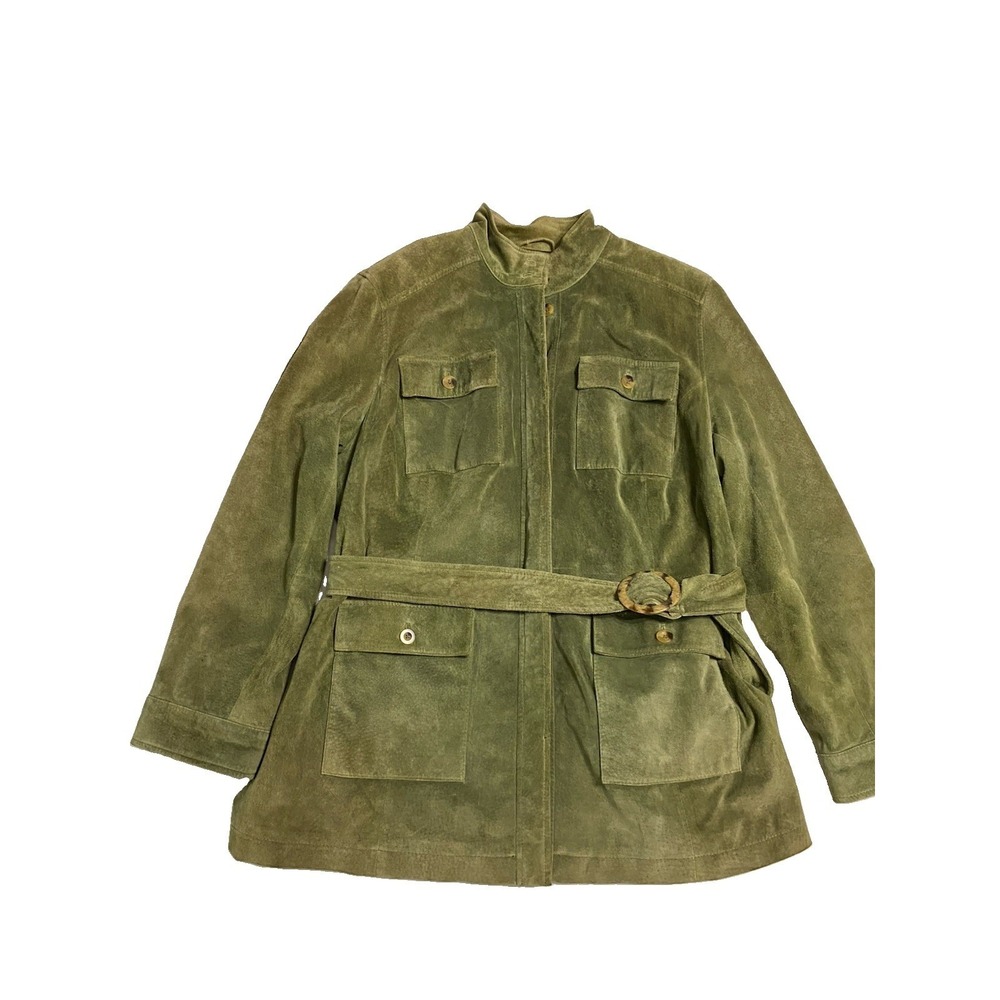 VTG Terry Lewis Classic Luxuries Sage Green Suede Leather Belted Jacket Sz 1X